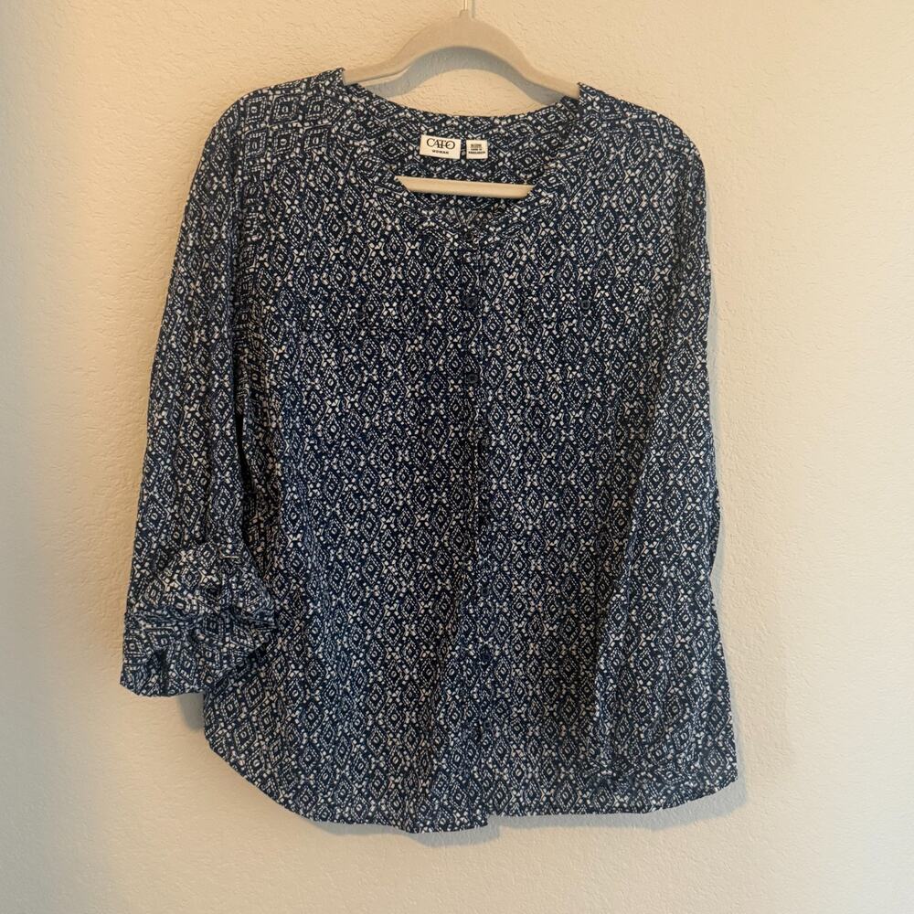 Cato Shirt Womens Blue White Ikat Diamond Print Button Up Long Sleeve 18/20 W